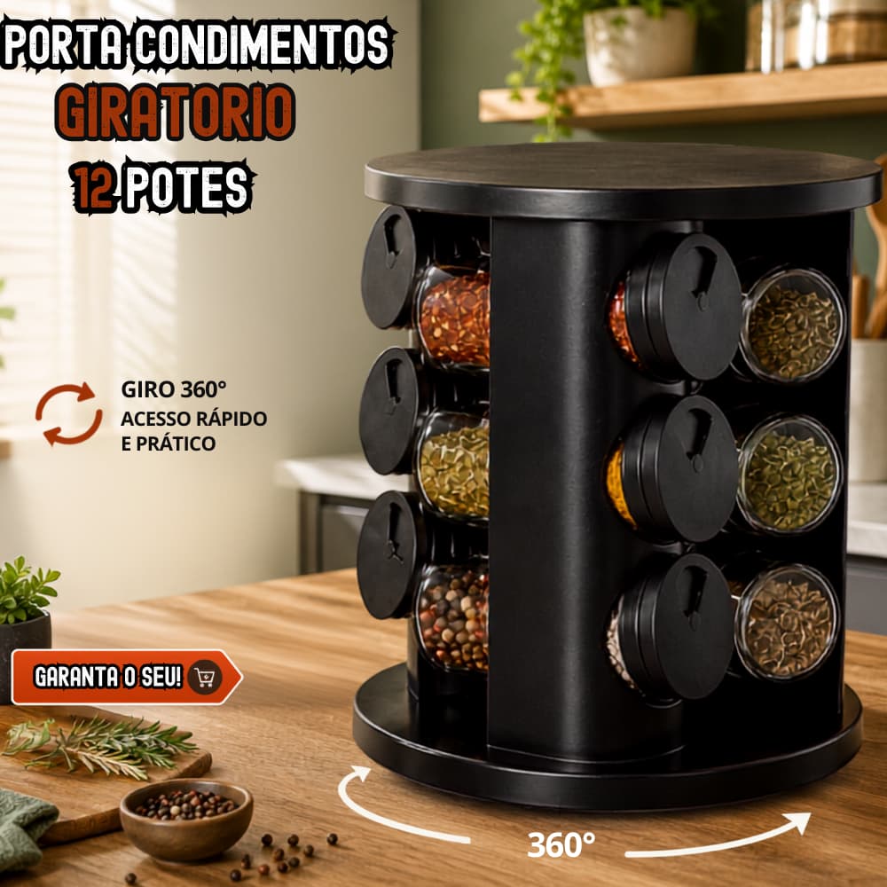 Porta Temperos Giratório 360° 12 Potes de Vidro 85ml com Tampa Dosadora Organizador de Condimentos para Cozinha