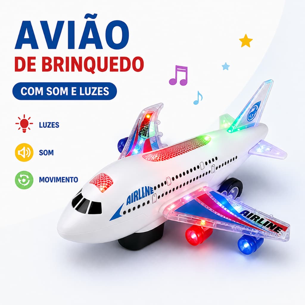 Brinquedo Avião com Luzes e Sons, Avião de Colisão Infantil, a Pilha, Colorido, para Crianças 3+ Anos