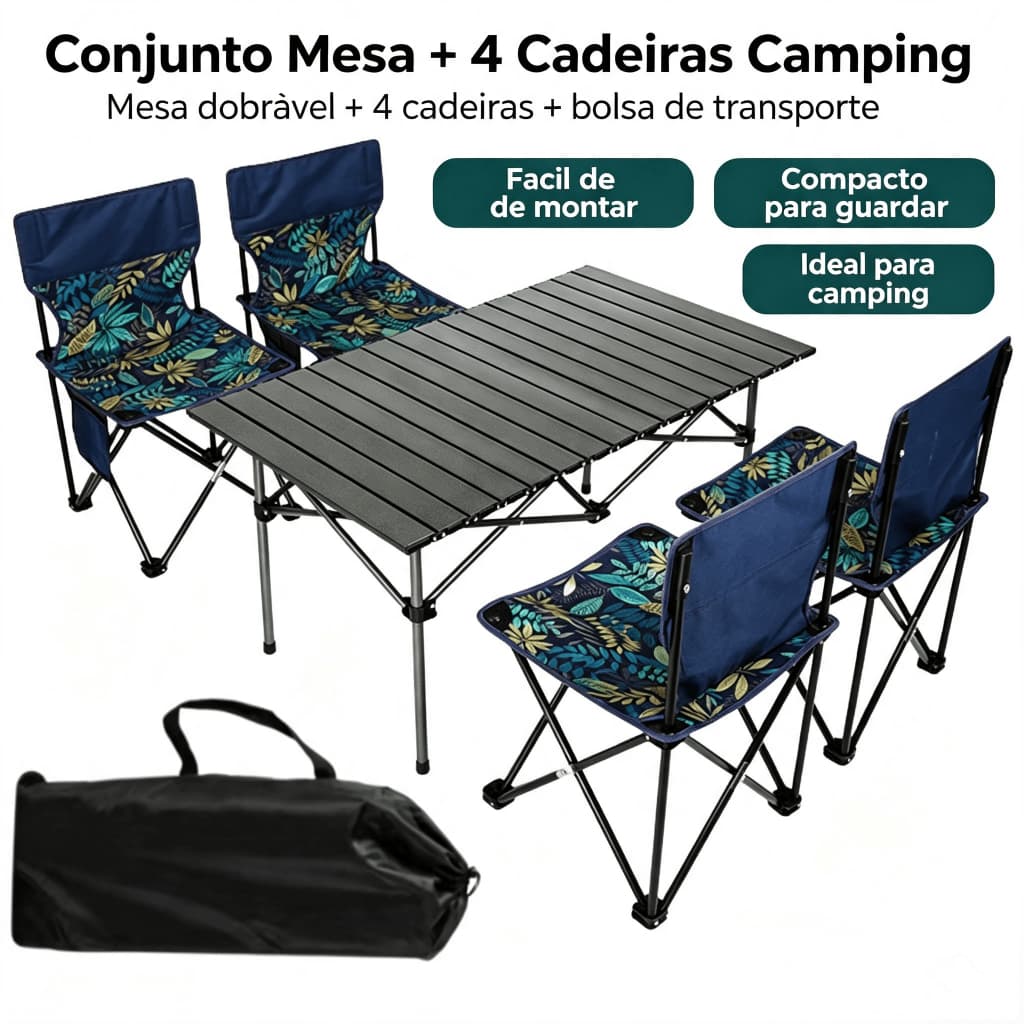 JOYFOX Conjunto Mesa Dobrável + 4 Cadeiras Portátil para Camping e Lazer Outdoor Mesa de Acampamento
