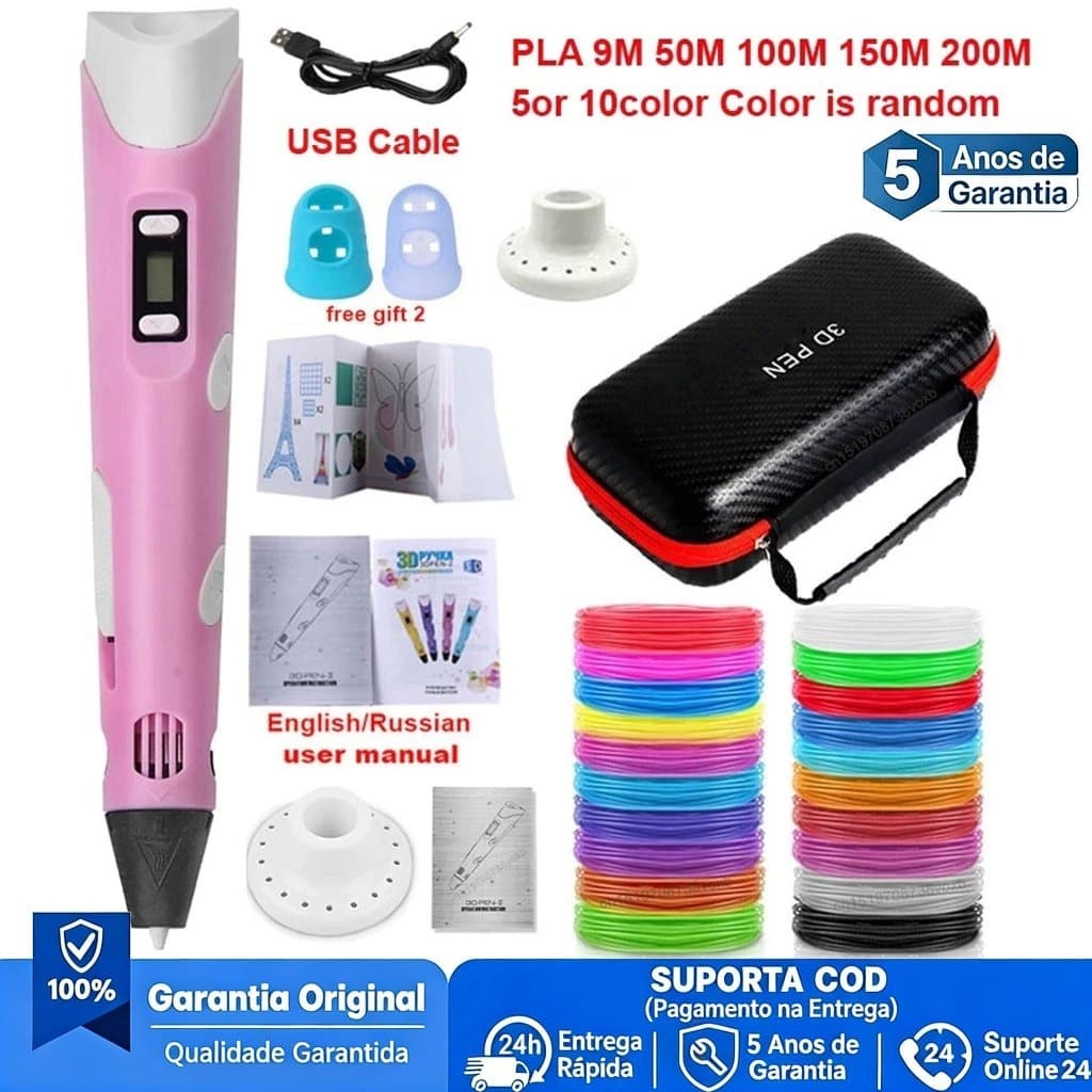 Caneta de Impressao 3D Magica com Tela LCD e 10m Filamento PLA Gratis Brinquedo DIY para Criancas Presente de Aniversari