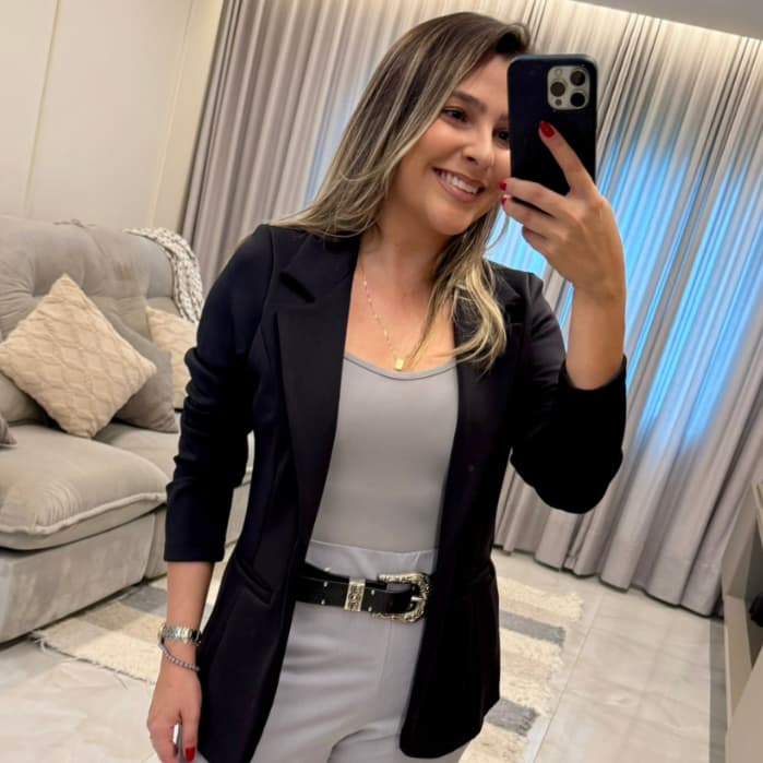 Blazer Feminino Preto Corte Alfaiataria  Elegante Social Bolso Falso Trabalho Casual
