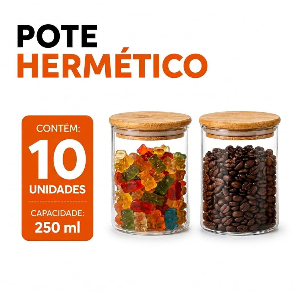 Kit Potes Hermético 250ml De Mantimentos Redondo Com Tampa Bambu