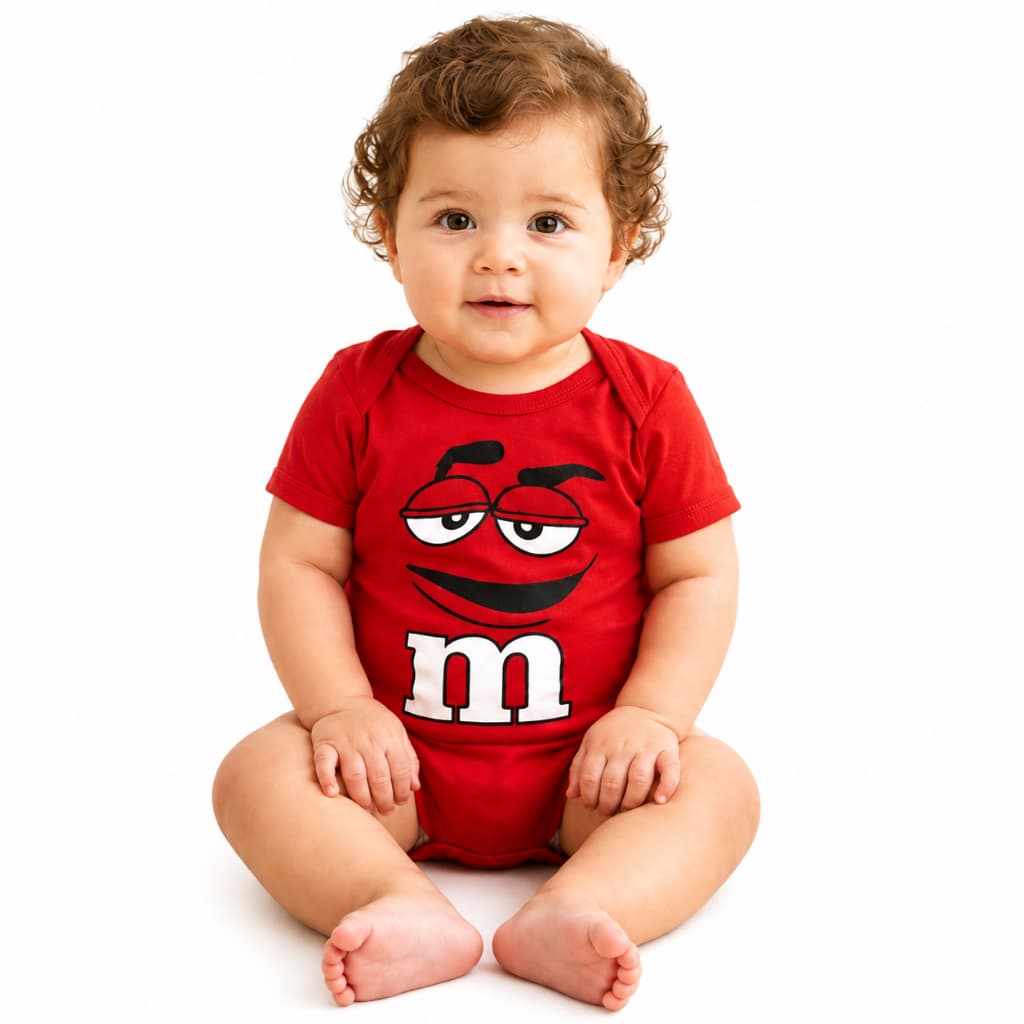 Body bebe Temático Mesversário Fantasia de  M&M - Suedine 100% Algodão