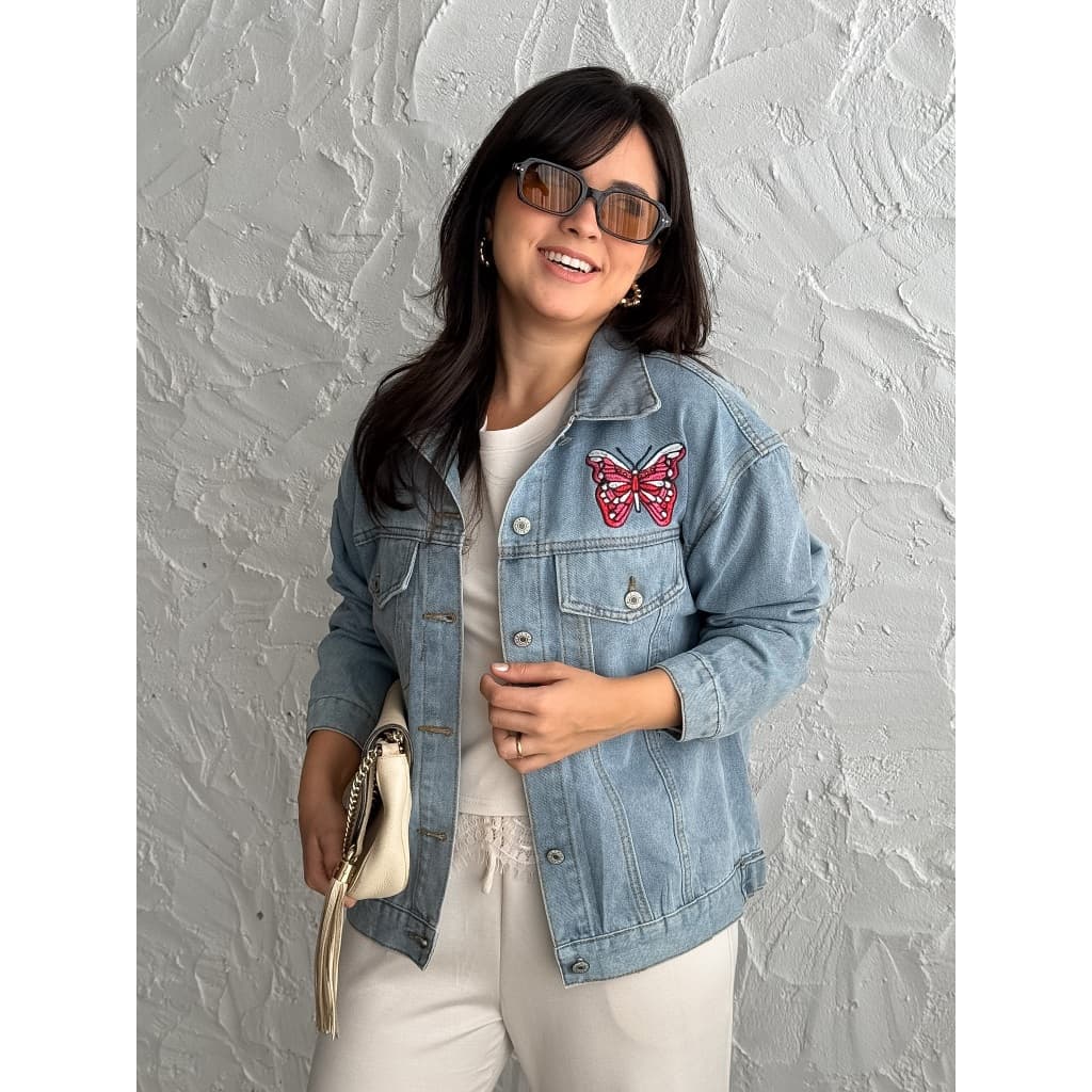 Jaqueta Jeans Bordada Good Vibes Feminina Versátil Moda Blogueira