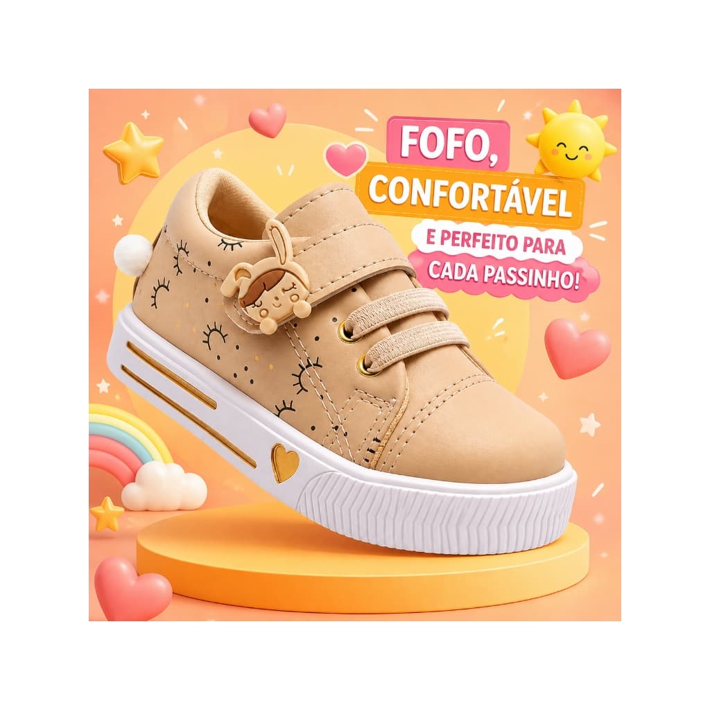 Tênis Infantil Menina Bebê Coelhinha Bege Dourado Casual Confortável
