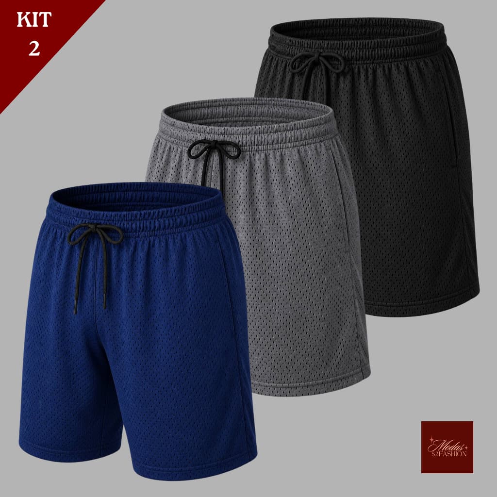 S2 Modas Kit 3 Bermudas Masculina Forrada Dry Fit Esportiva Furadinha Respirável e Confortável do M ao G1