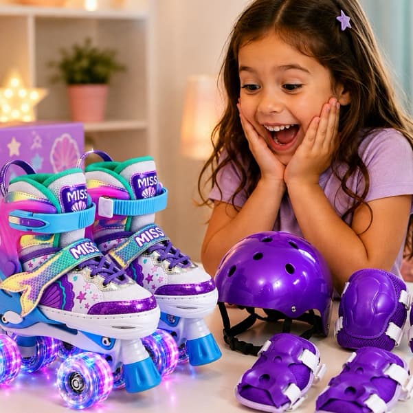 Patins Infantil + Kit Proteção Modelo Sereia 4 Rodas com Rodinhas de Silicone e Led