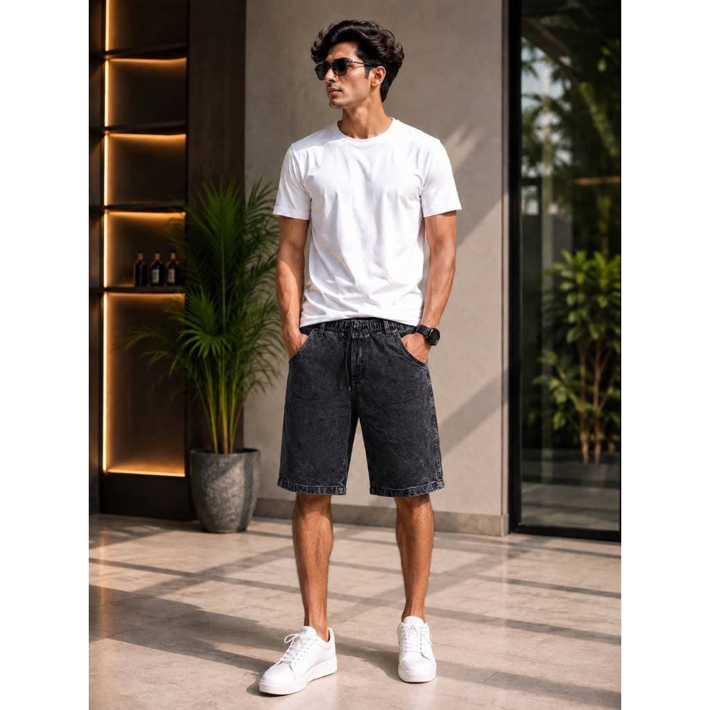 Bermuda Jeans Balão Baggy Preto Estonado Marmorizado