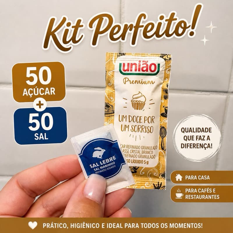 KIT 100 SACHÊS — 50 AÇÚCAR UNIÃO + 50 SAL LEBRE