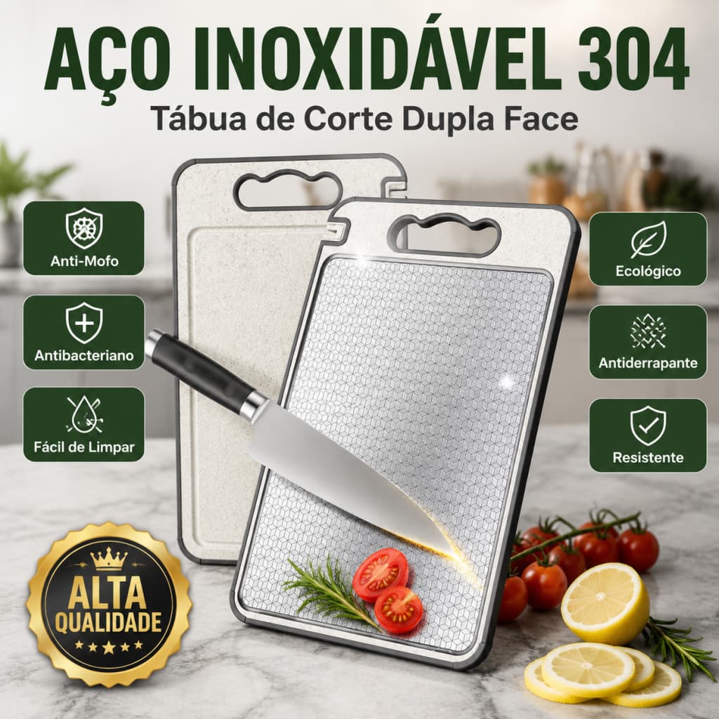 Tábua de Corte Dupla Face Premium de Titânio - Aço Inox de Grau Alimentício para Cozinha e Jantar