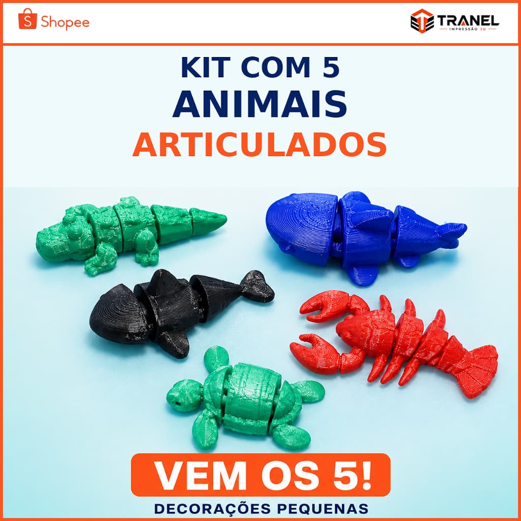 5 Mini Animais Articulados 3D Decoração Pequena Kit Tartaruga Jacaré Lagosta Dia das Crianças Tranel