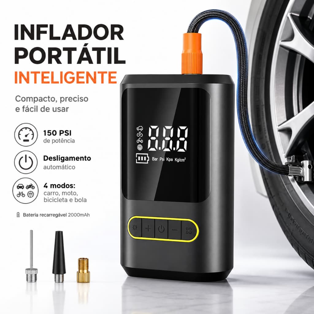 Cysedoya Mini Compressor de Ar Portátil, Bomba Digital, Calibrador de Pneus para Carro, Moto e Bike, USB com Luz LED