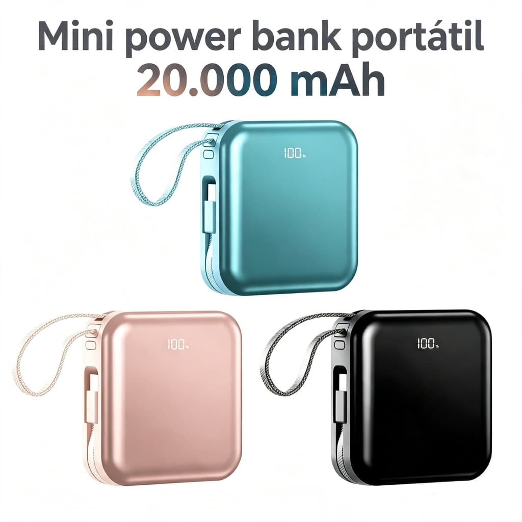 Mini power bank portátil 20.000 mAh com IOS e cabo Tipo C