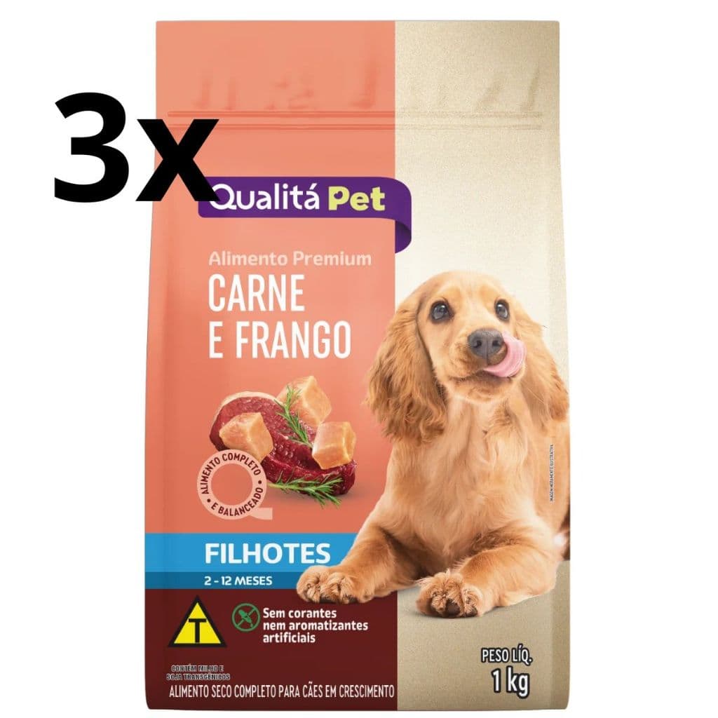 Kit com 3 Ração Para Cães Filhotes Sabor Carne E Frango 1kg cada (TOTAL 3KG)