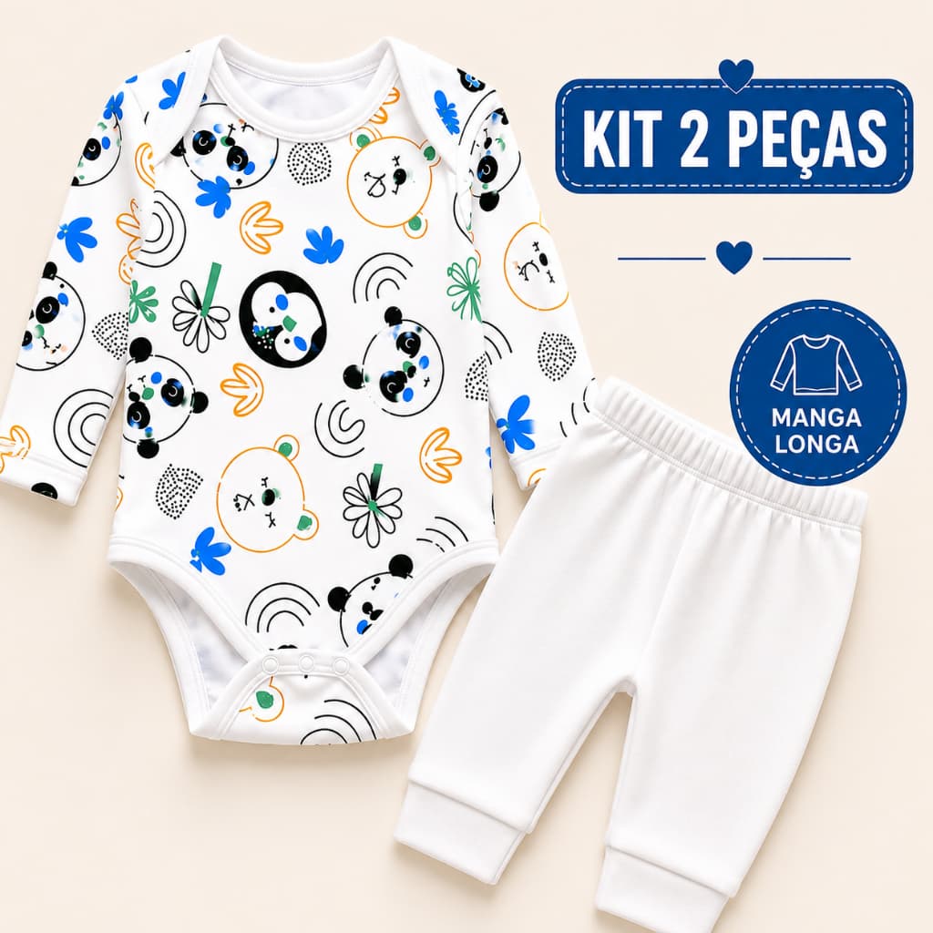 Kit 2 Peças Conjunto De Bebê Menino Algodão RN ao G (1 Body Manga Longa + 1 Calça) Confortável Macio Dia a Dia
