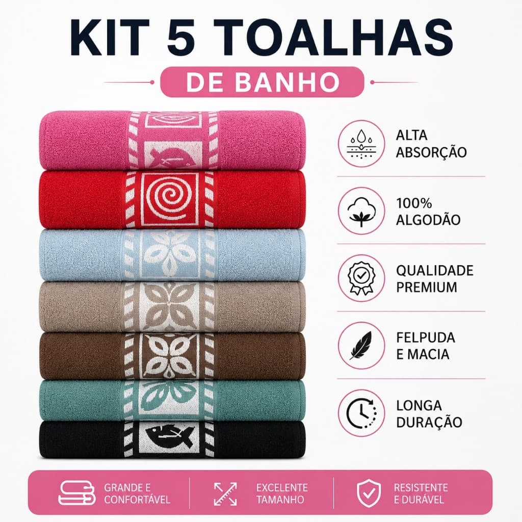 Toalhas de Banho KIT 5 100% Algodão 140x70cm Felpuda Coleção Difiori