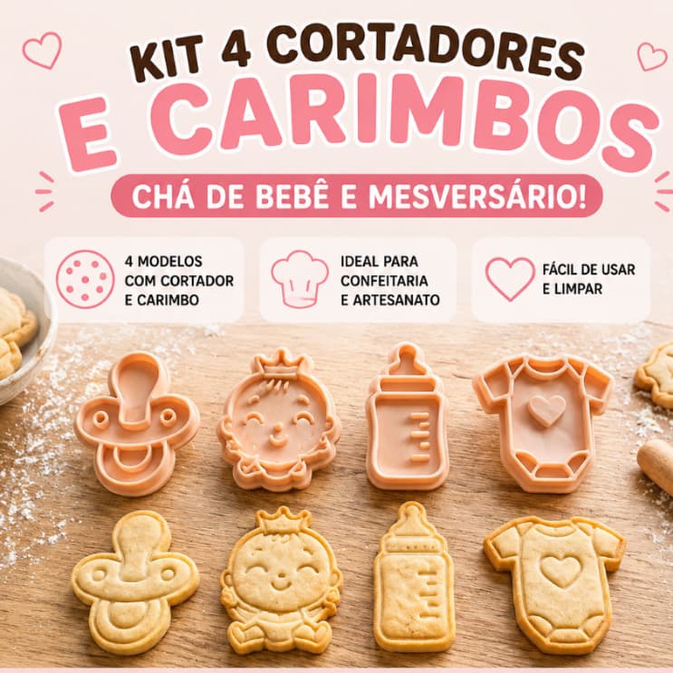 Kit 4 Cortadores e Carimbos de Biscoito Chá de Bebê Mesversário - Confeitaria Premium