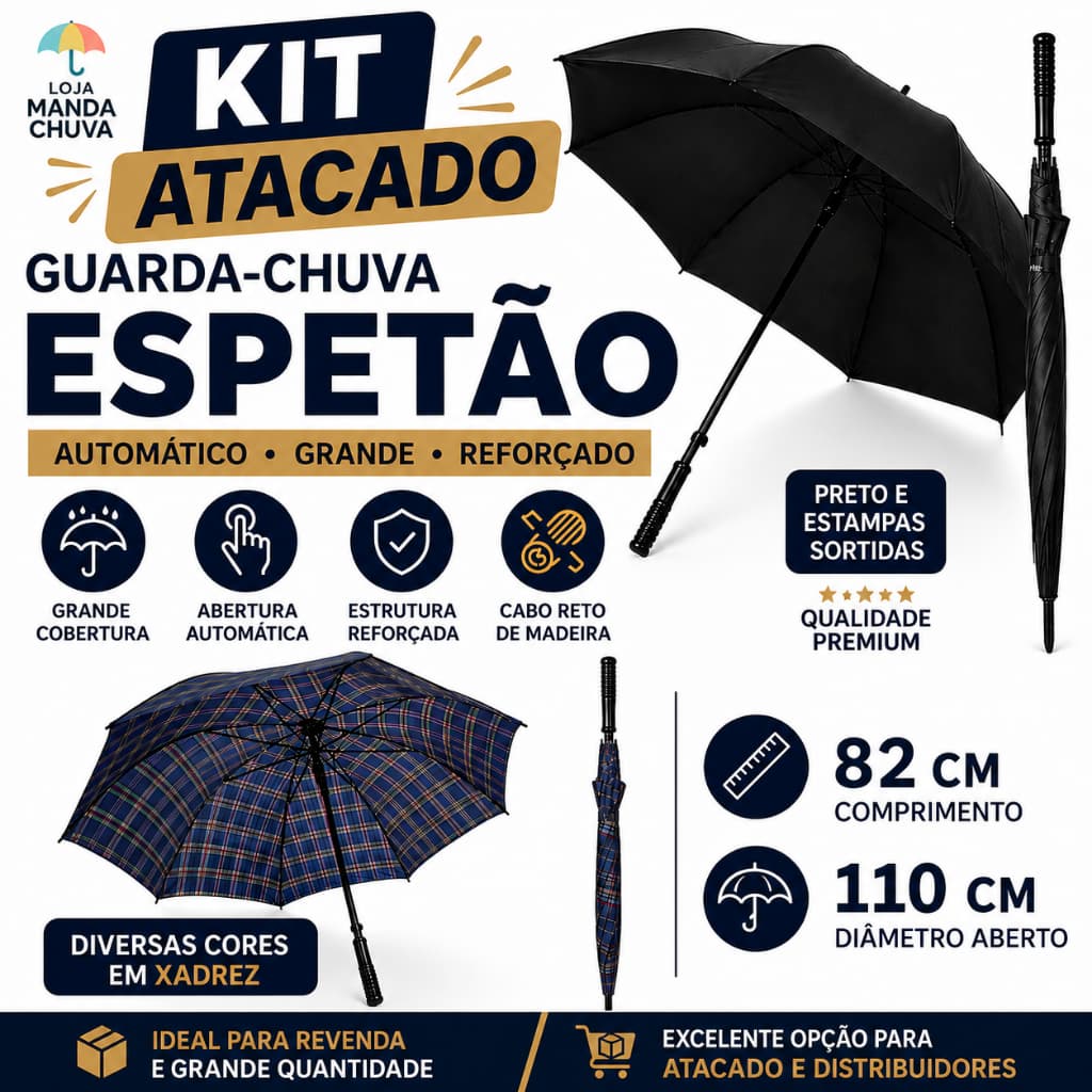 KIT 10/18/30 Guarda Chuva Grande Reforcado Automático Resistente Portaria Masculino Espetão Preto ou Xadrez Atacado