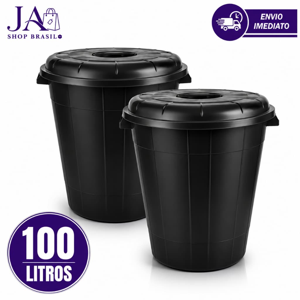 Kit 02 Cestos de Lixo 100 Litros Preto Cestao Lixeira Preto de Plástico Reforçado