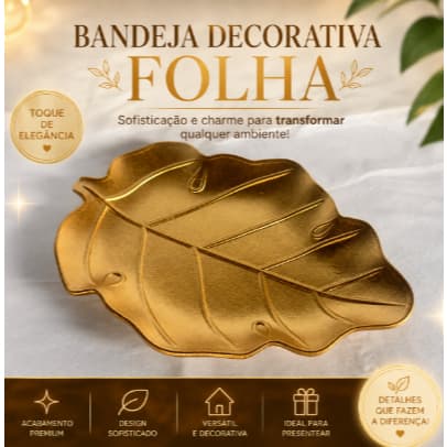 Bandeja Centro de Mesa Formato Folha Tropical Madeira MDF Ouro Decoração Elegante Dourada Branca