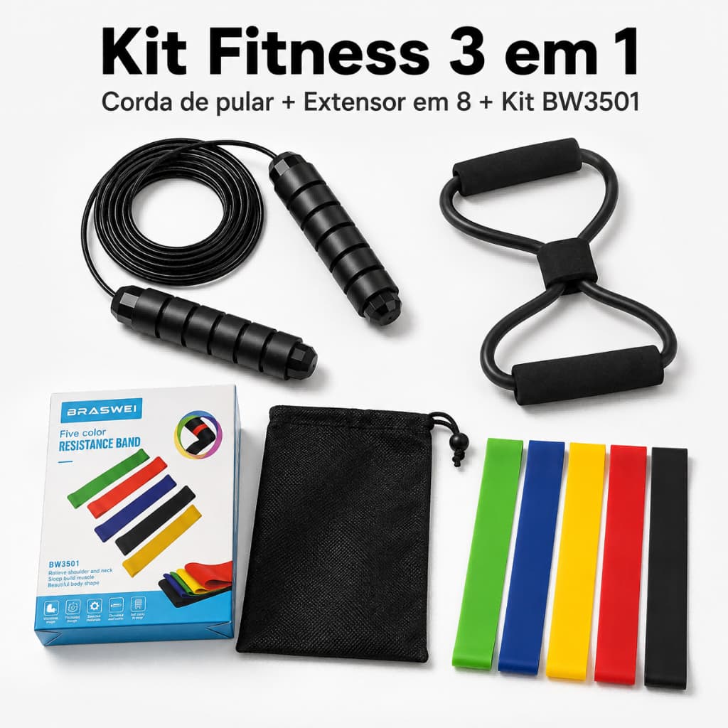 Kit Treino em Casa 3 em 1 Corda de Pular Extensor Elástico em 8 5 Faixas Mini Band Fitness Funcional