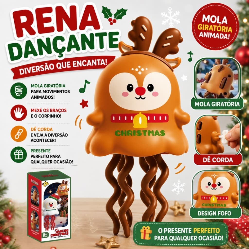 Brinquedo Natalino Dançante de Corda Anda e Dança Rena Natalina Infantil