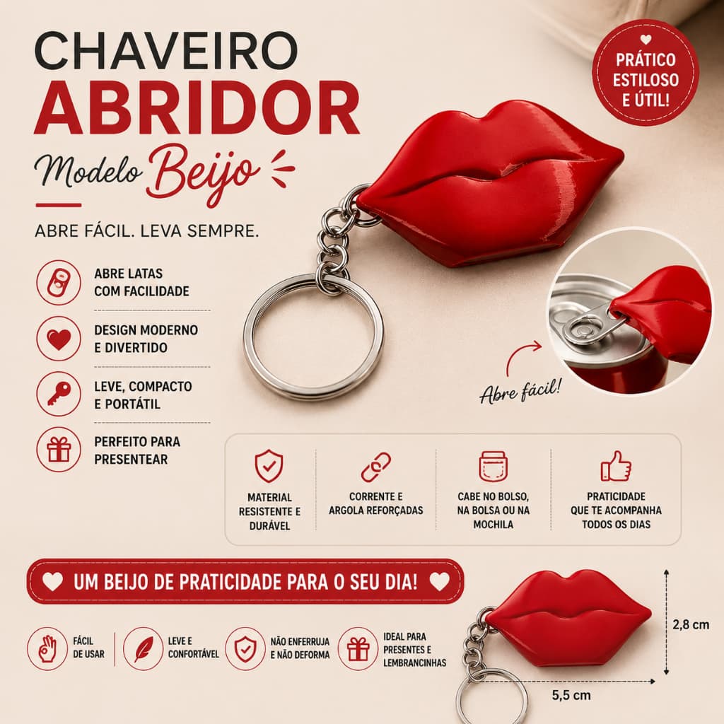 CHAVEIRO ABRIDOR DE LATA MODELO BEIJO – PRÁTICO, CRIATIVO E ESTILOSO!