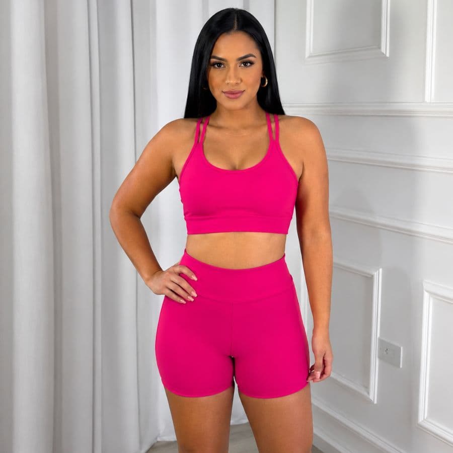 Roupa de Academia Feminino Short e Top Conjunto com Bojo Removível Zero Transparencia Liso Básico Cintura Alta