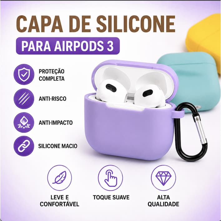 Capa Silicone para AirPods 3 Geração com Gancho Case Protetora Anti Impacto Anti Risco
