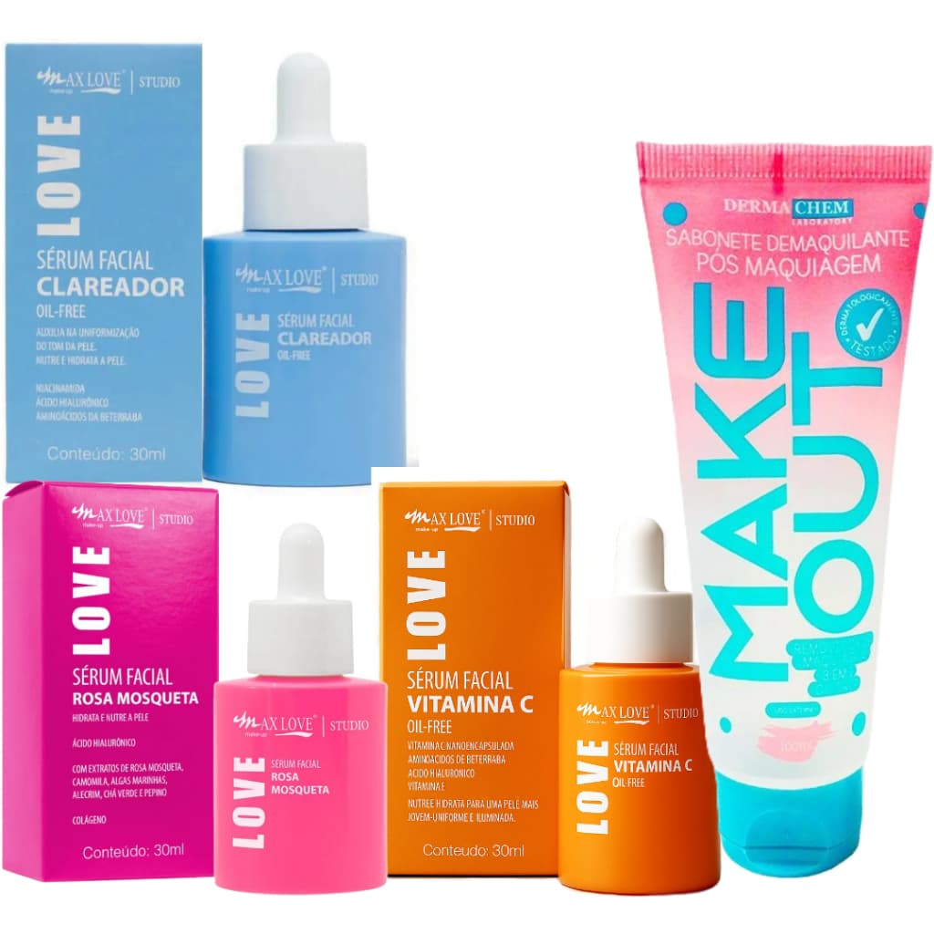 Kit 3 Sérum Facial Max Love Vitamina C Rosa Mosqueta Niacinamida Clareador de Manchas Anti Idade
