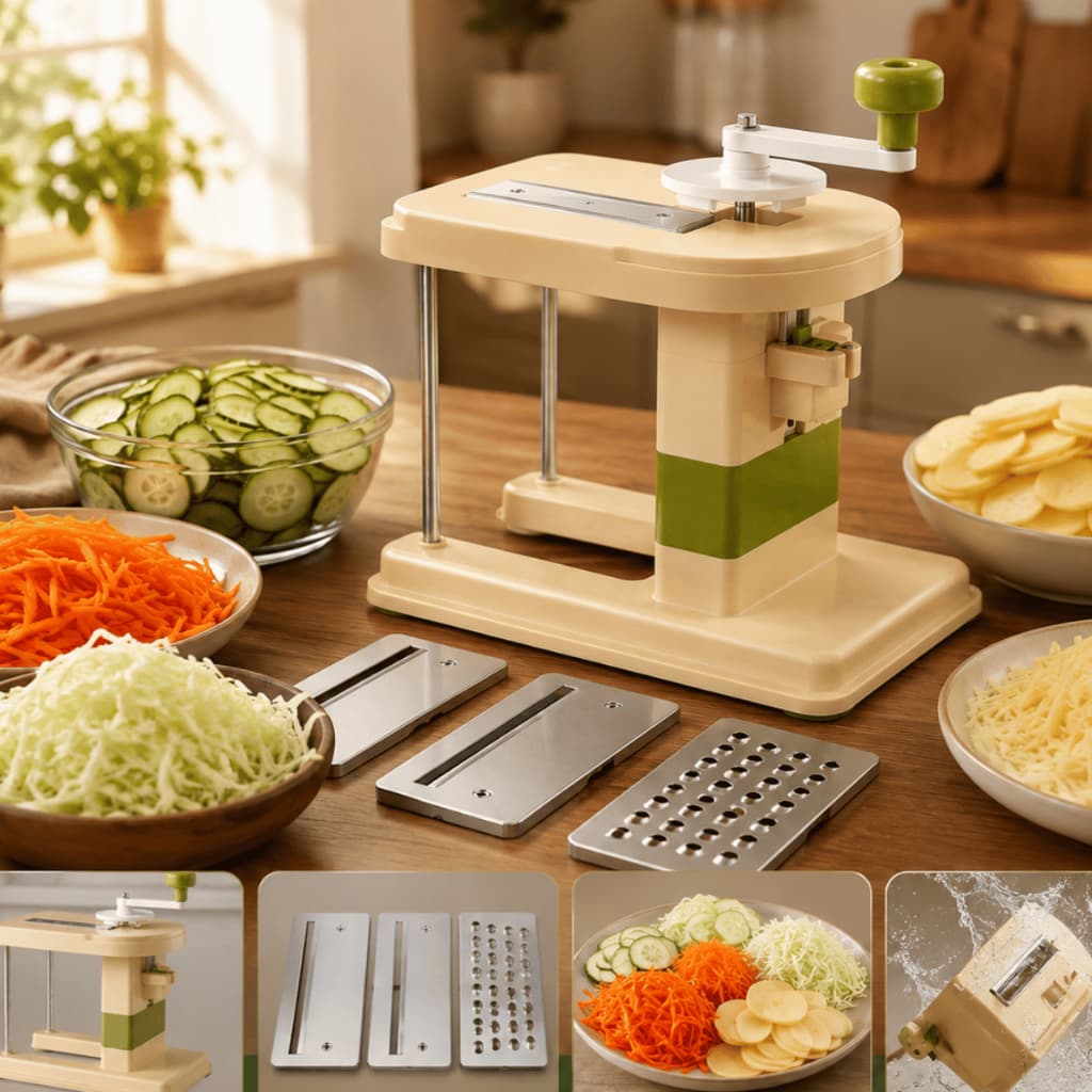 Cortador de Vegetais Manual Multifuncional Bege Triturador Fatiador Manivela Giratória Alimentos Salada Vegetais Cozinha