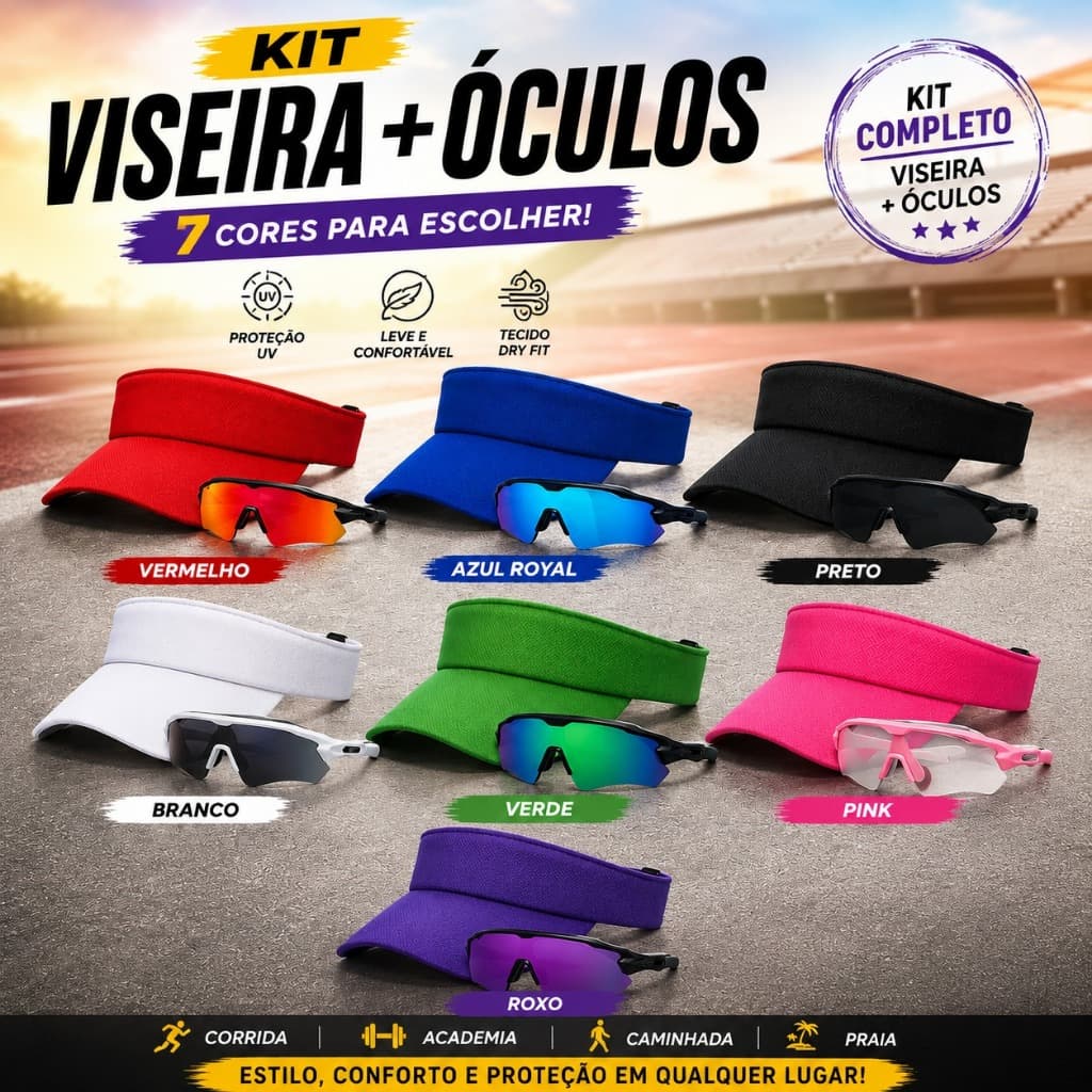Kit Corrida Ciclismo Viseira Lisa Ajustável + Oculos de Sol Lente Polarizada Proteção UV400