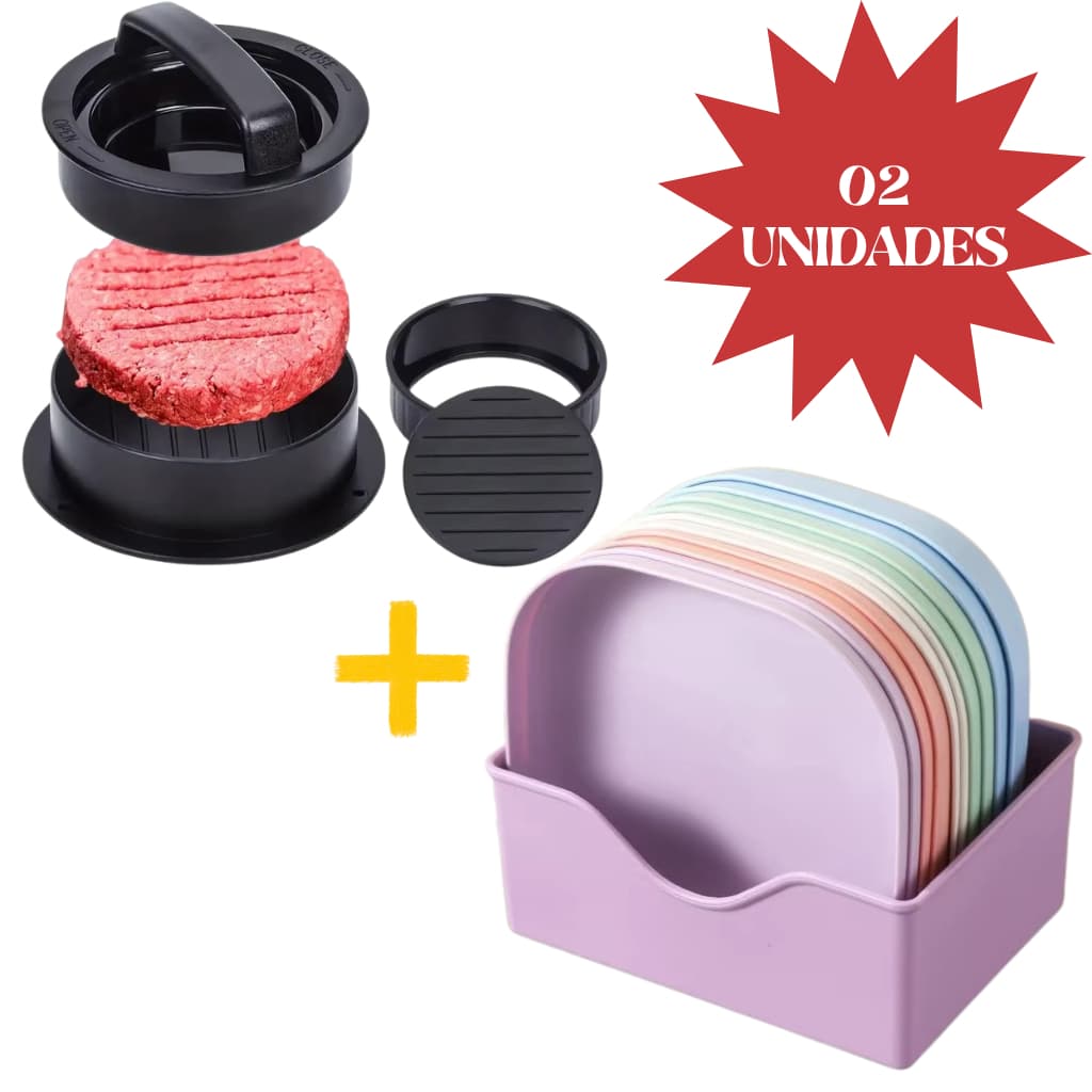 Kit Churrasco e Cozinha: Forma Hambúrguer Recheado 3 em 1 + Kit 10 Pratos Sobremesa com Base Organizadora Plastico