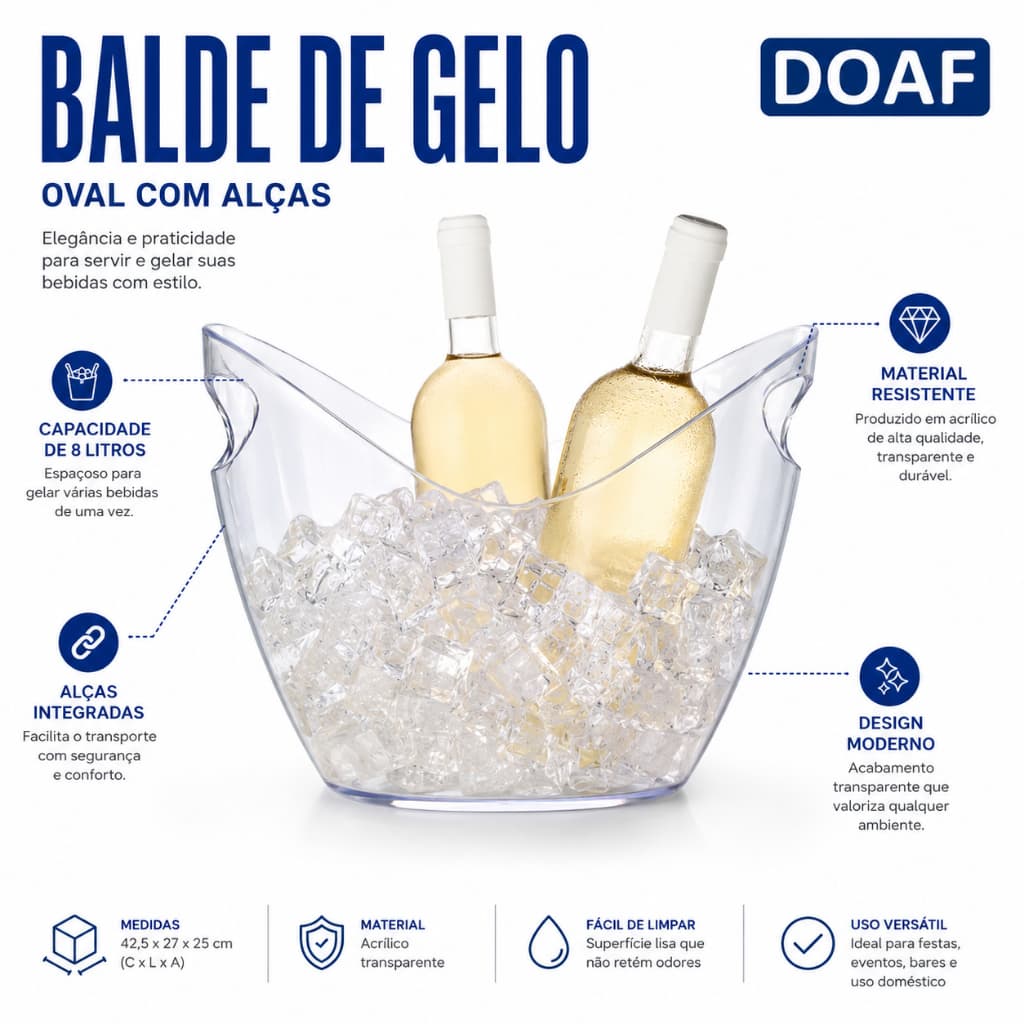 Balde Banheira Acrílico para Gelo e Bebidas Geladas Alta Capacidade 8L