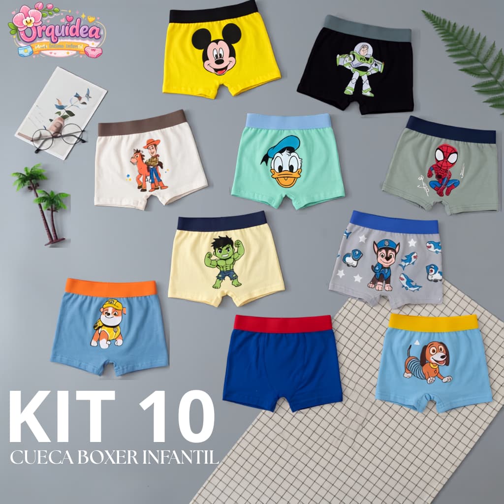 Kit com 10 Cueca Boxer Infantil Personagens Divertidos Super Confortável Promocional