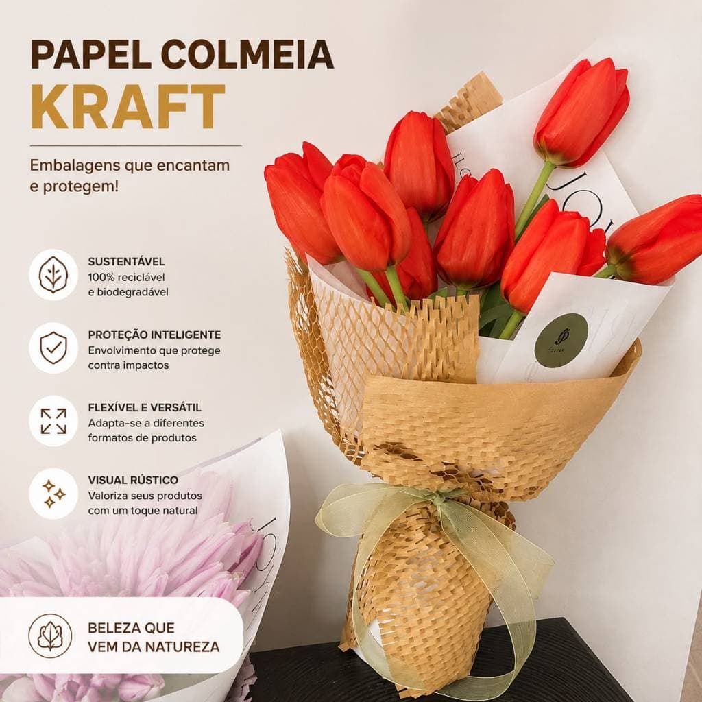 Papel Colmeia Kraft 50cm x 10m Rolo para Embalagem Presente Proteção Envios Artesanato Flores E-commerce Sustentável 3D