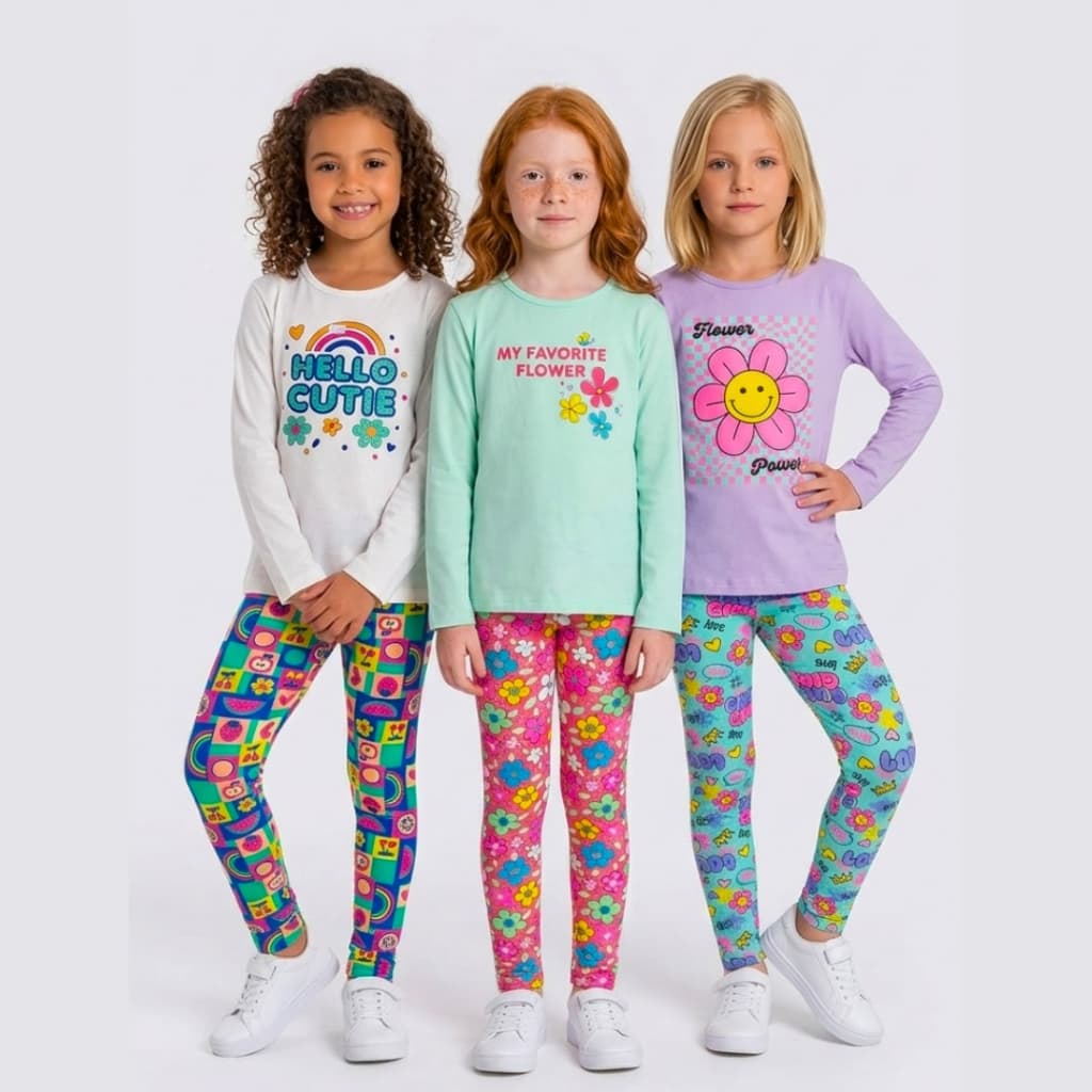 Kit 6 Peças Conjunto Infantil Menina 3 Camiseta Manga 3 Legging Meia Estação Roupa Infantil 1 ao 16