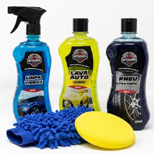 Kit Lavagem Auto: Shampoo 500ml +Pneu Pretinho 500ml + Limpa Vidros 500ml + Luva Microfibra + Aplicador de Espuma