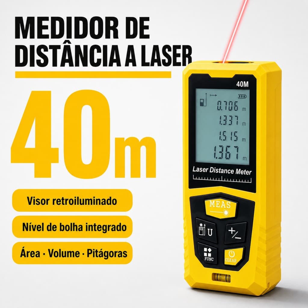 Trena a Laser Digital 40m Medidor de Distância Nível de Bolha Área Volume Pitágoras IP54 Bomvink
