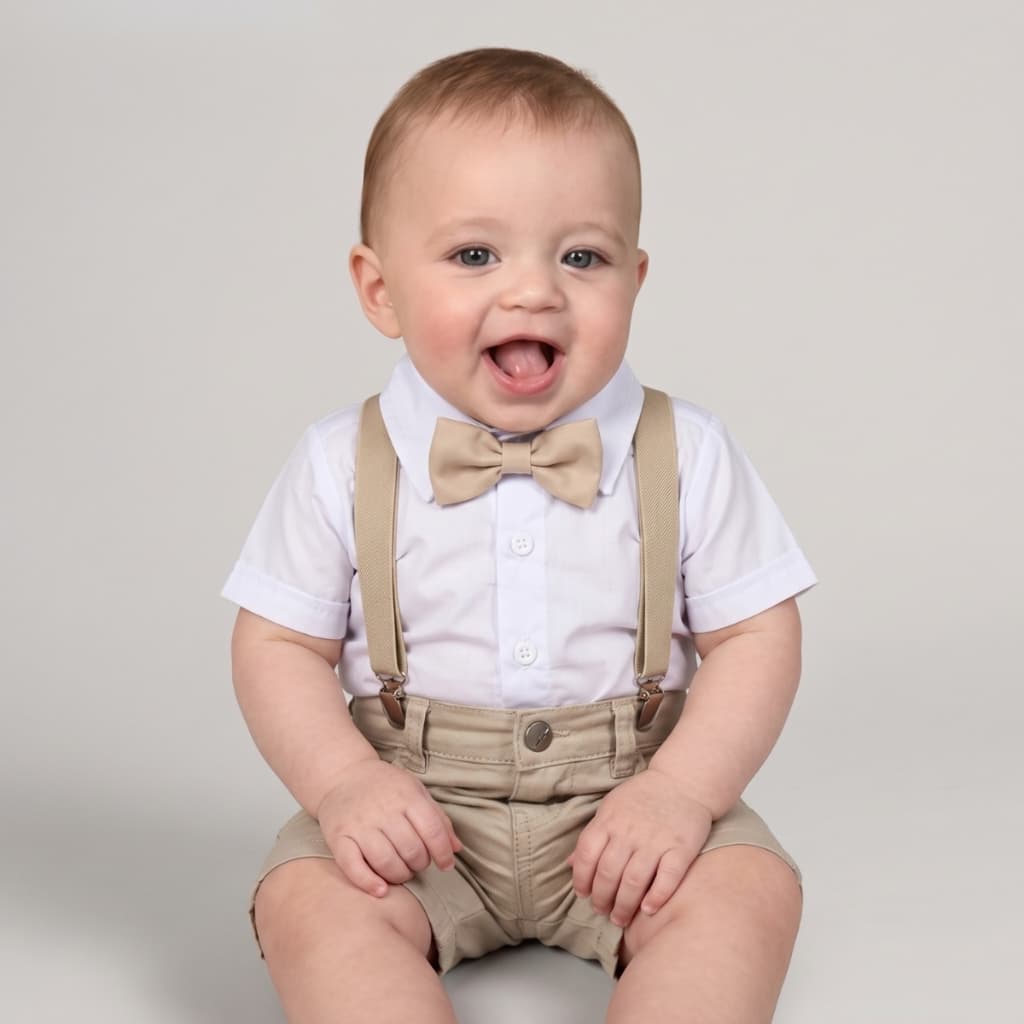 Conjunto Bebê Menino Body Social Bermuda Bege Gravata Borboleta Suspensório Batizado Pajem Casamento Festa