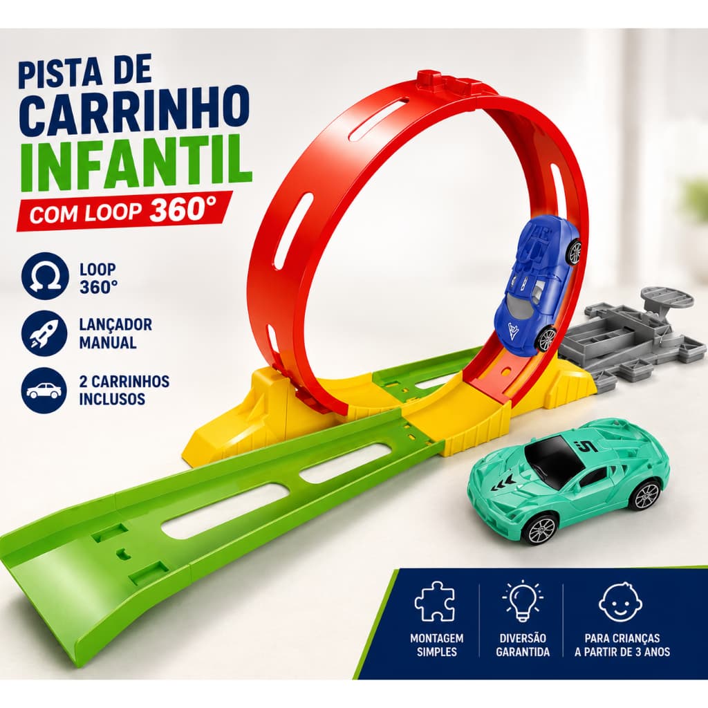 Pista de Carrinho Infantil Com Loop 360 Lançador 2 Carrinhos Brinquedo Pista Montável 3 Anos