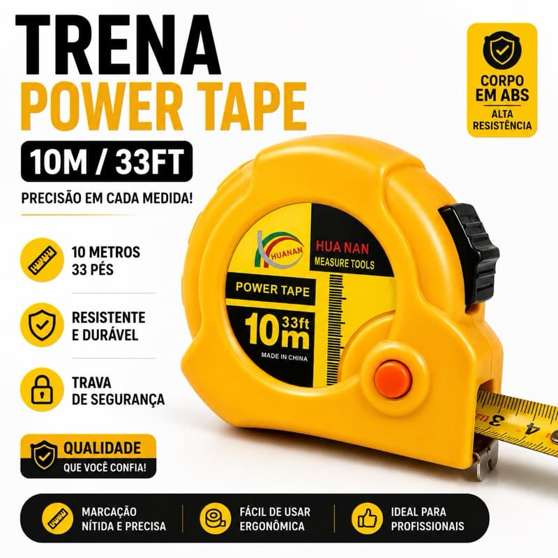 Trena 10 Metros Power Tape Fita Métrica Profissional Alta Resistência com Trava