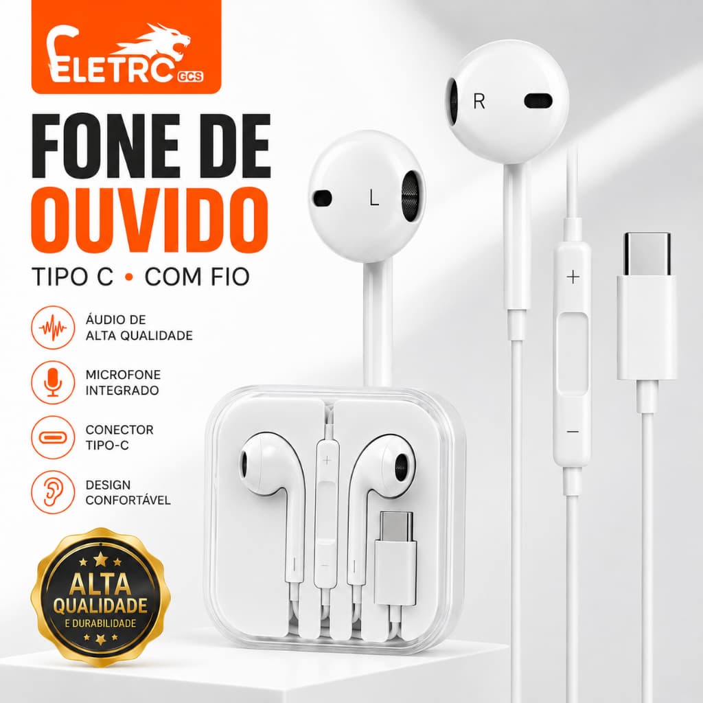 Fone de Ouvido USB-C Tipo C com Microfone Original Eletromex para iPhone 15 16 Samsung Galaxy Xiaomi