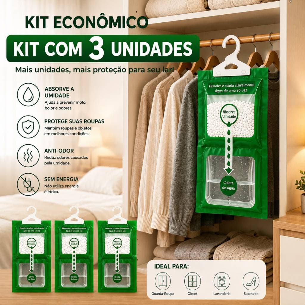Kit 1-3 Desumidificador Antimofo para Guarda-Roupa Tira Umidade Absorvente de Umidade Pendurável