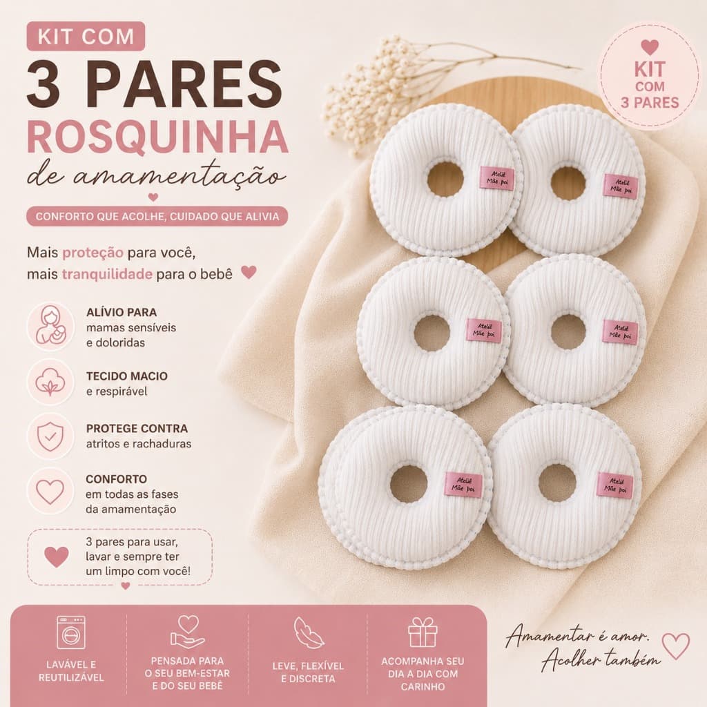 Kit 3 Pares Rosquinha de Amamentação 6 Unidades Protetor de Seio 100% Algodão Conforto e Alívio
