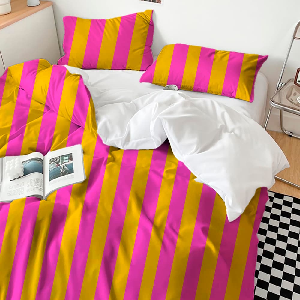 Edredom Listrado Amarelo com Rosa - Edredom Listrado - Edredom Aconchegante Listrado rosa com amarelo