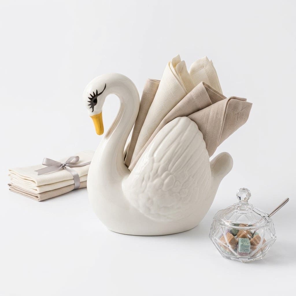 Cisne Artesanal de Cerâmica Porta Guardanapo Decorativo Pintado à Mão para Casa Mesa Cachepot