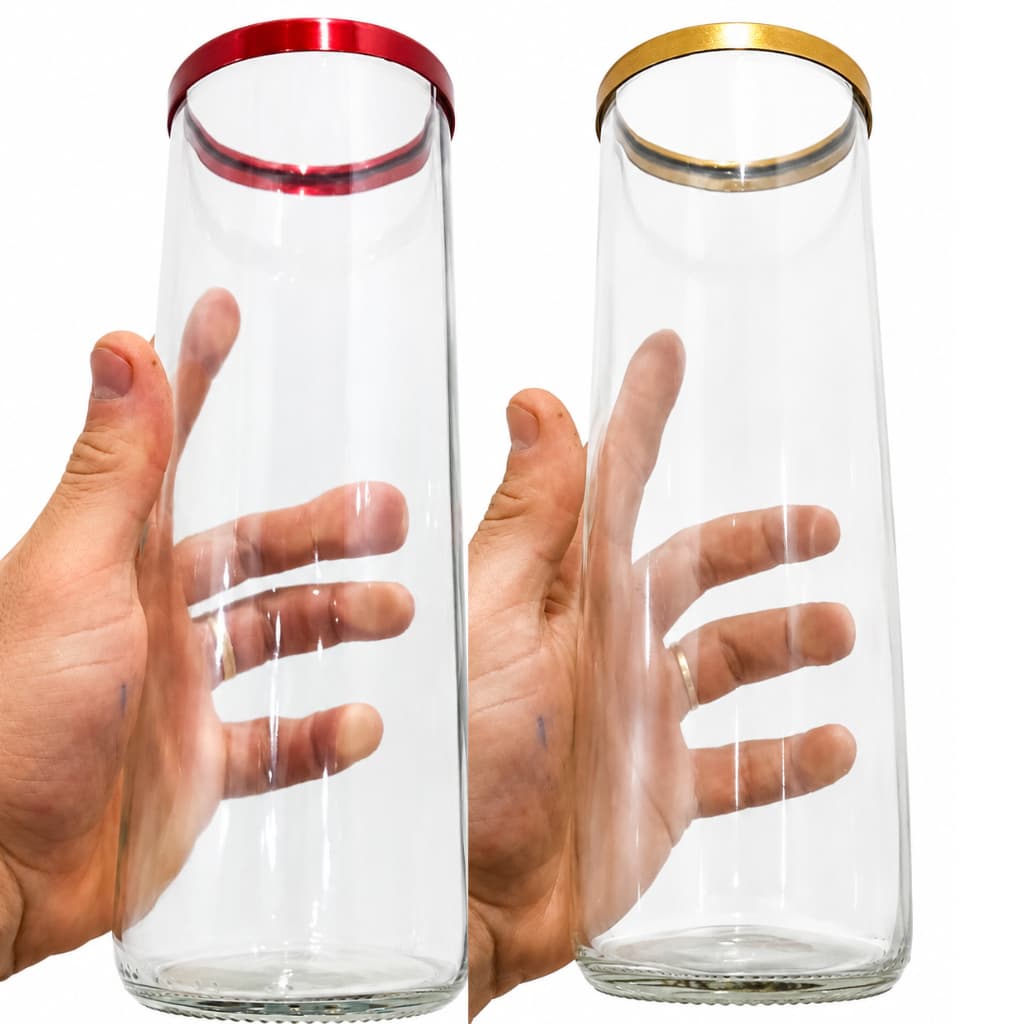 Vaso 21cm Vidro Artesanal Decoração Transparente com Borda de Alumínio Vermalho e Dourado