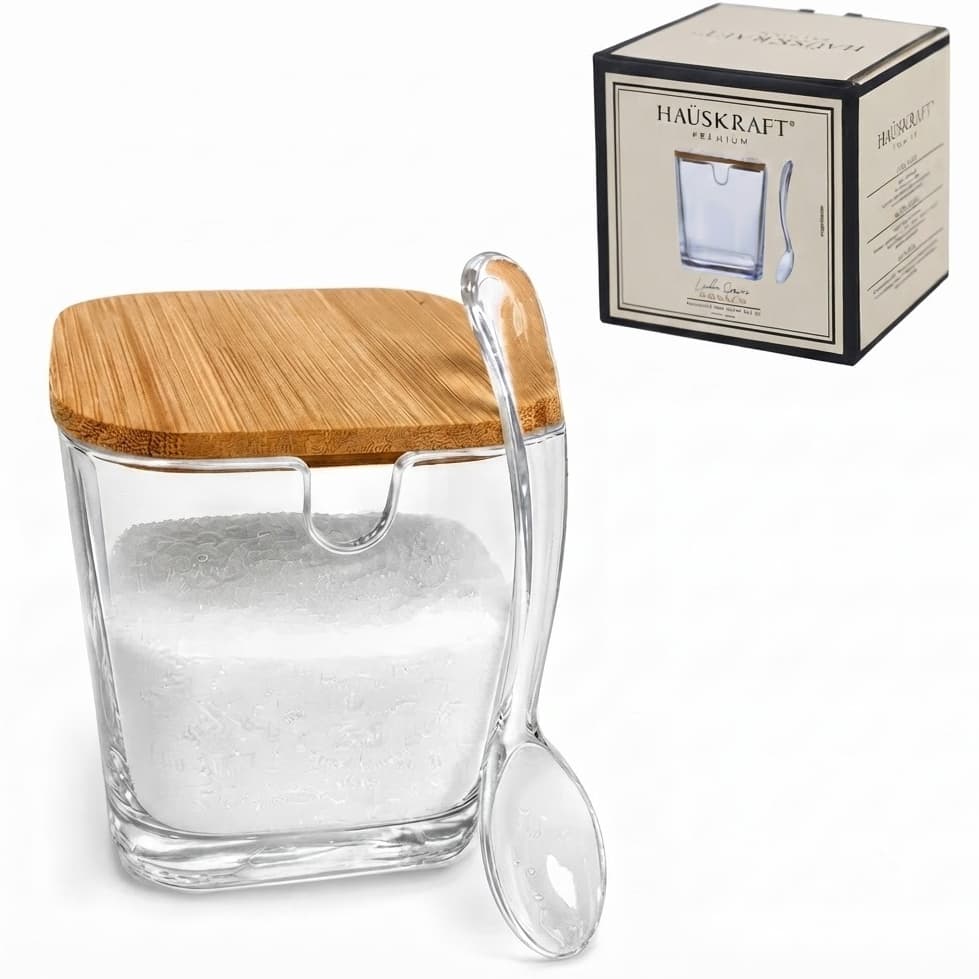 Açucareiro Saleiro Com Colher Linha Monaco Hauskraft Premium 300ml em Vidro e Tampa de Madeira