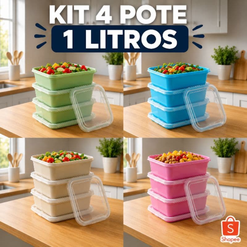 Kit 4 Potes Herméticos 1000ml Plastico Resistente Marmita Geladeira Freezer Micro-ondas Organizador Cozinha